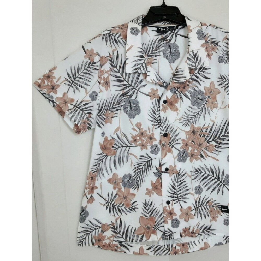 Hugo BOSS White Short-Sleeve Tropical Floral Print Button-Down Shirt Sz S